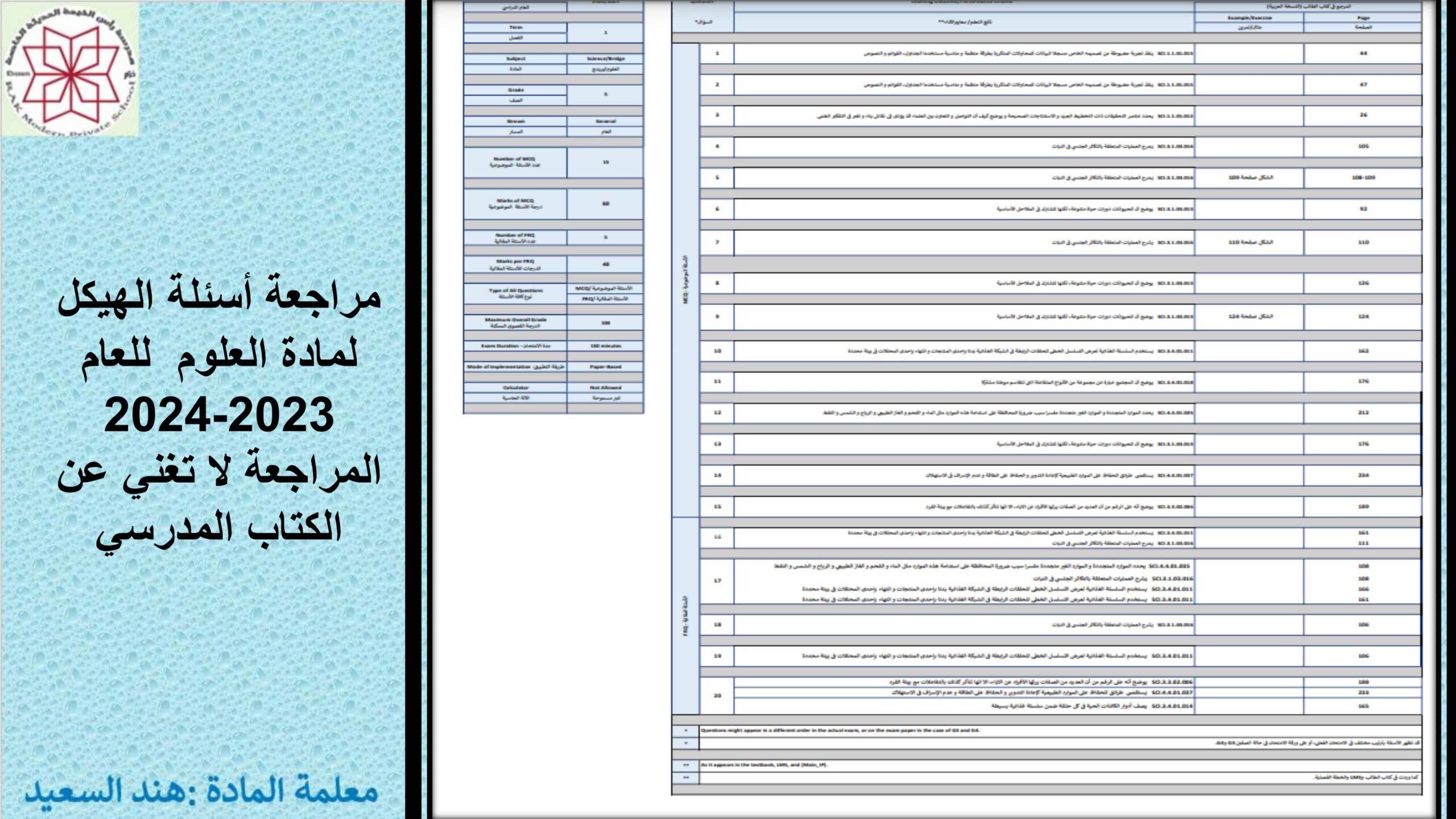 مراجعة أسئلة الهيكلة العلوم المتكاملة الصف الخامس