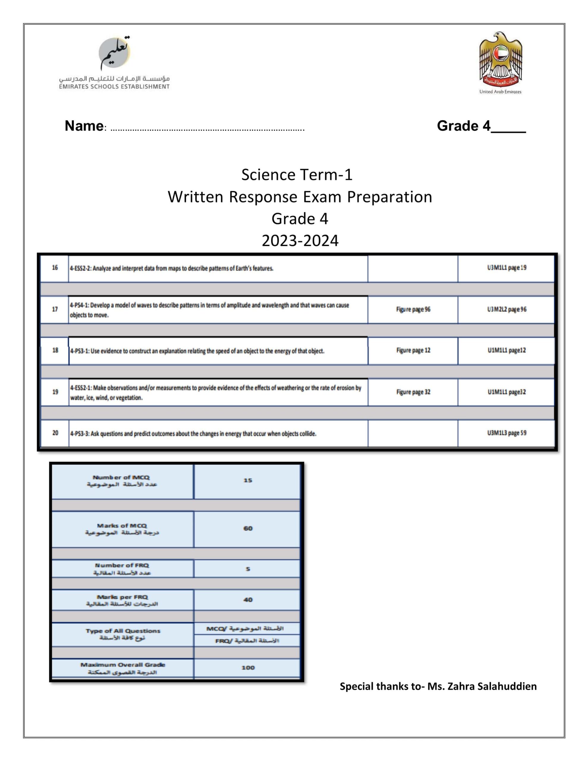 مراجعة Written Response Exam العلوم المتكاملة الصف الرابع