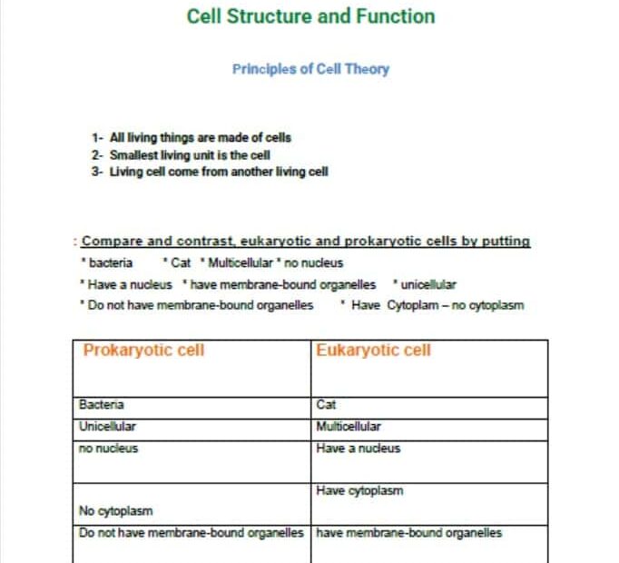 حل ورقة عمل Cell Structure and Function العلوم المتكاملة الصف السادس