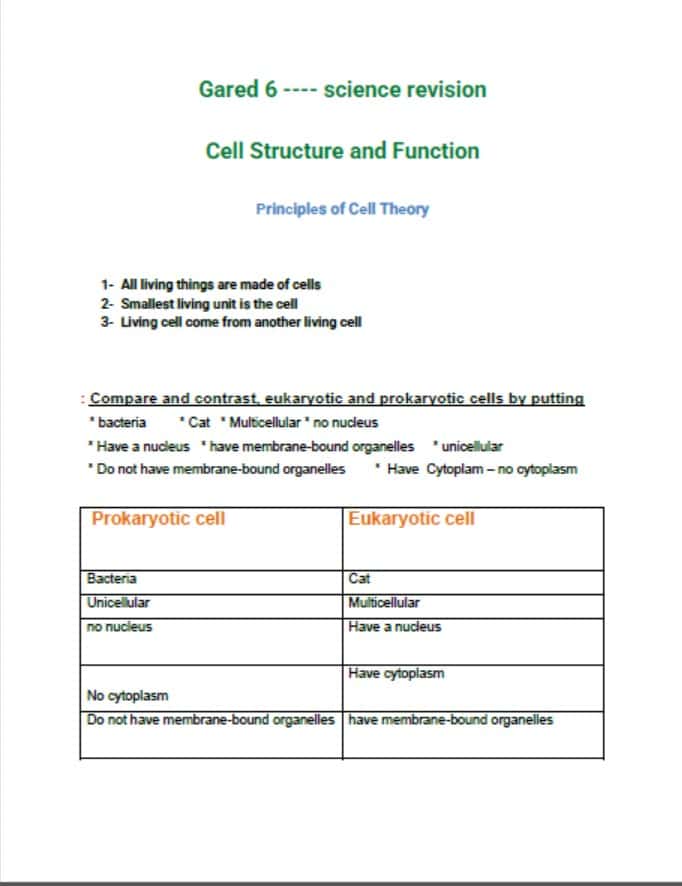 حل ورقة عمل Cell Structure and Function العلوم المتكاملة الصف السادس 