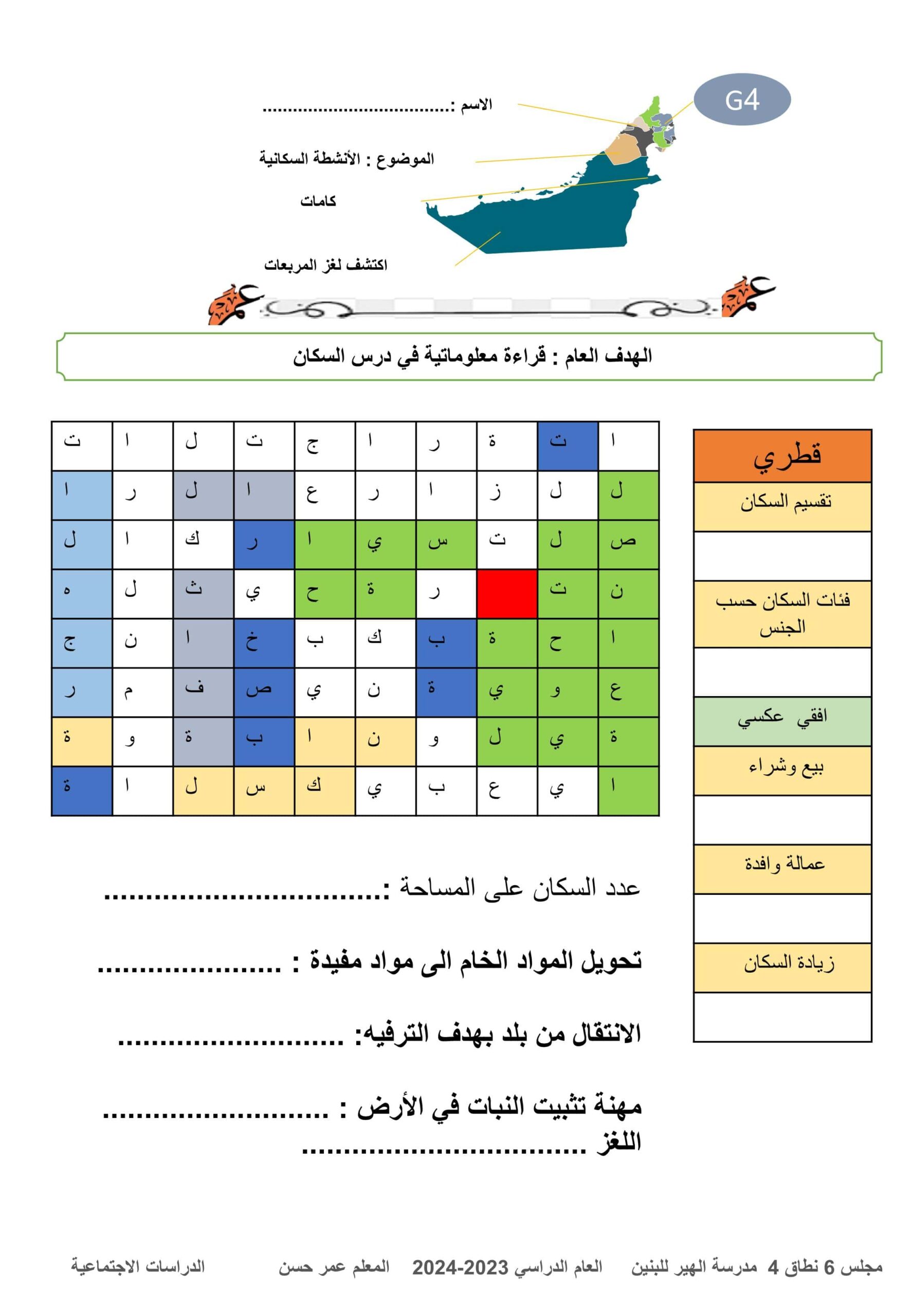 ورقة عمل درس الأنشطة السكانية الدراسات الإجتماعية والتربية الوطنية الصف الرابع 