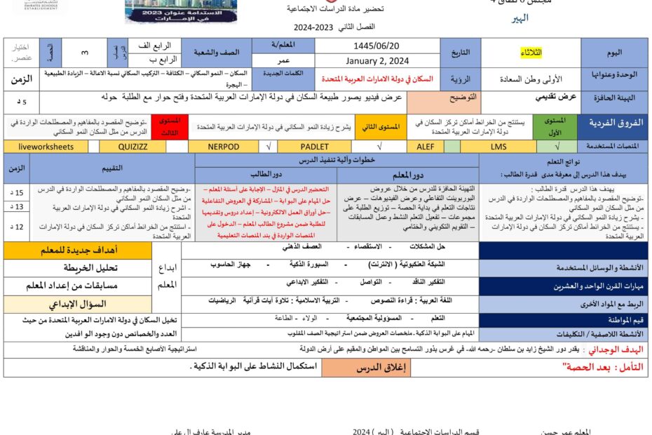 الخطة الدرسية اليومية السكان في دولة الإمارات الدراسات الإجتماعية والتربية الوطنية الصف الرابع