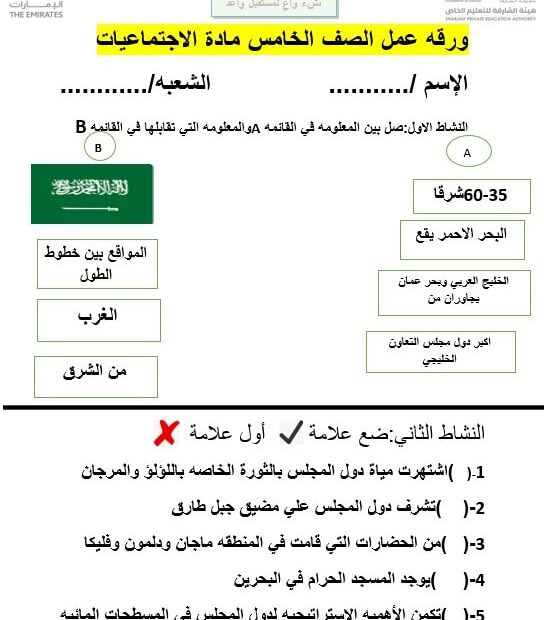 ورقة عمل دول مجلس التعاون الخليجي الدراسات الإجتماعية والتربية الوطنية الصف الخامس