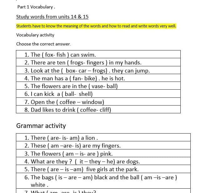 ورقة عمل مراجعة units 14 & 15 اللغة الإنجليزية الصف الأول