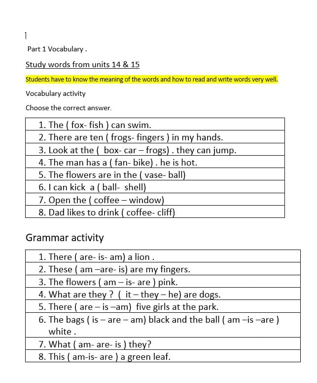 ورقة عمل مراجعة units 14 & 15 اللغة الإنجليزية الصف الأول 