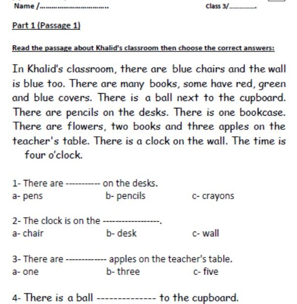 ورقة عمل Reading Test اللغة الإنجليزية الصف الثالث