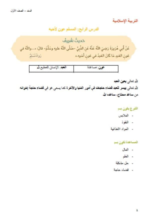 ملخص وأوراق عمل المسلم عون لأخيه التربية الإسلامية الصف الأول