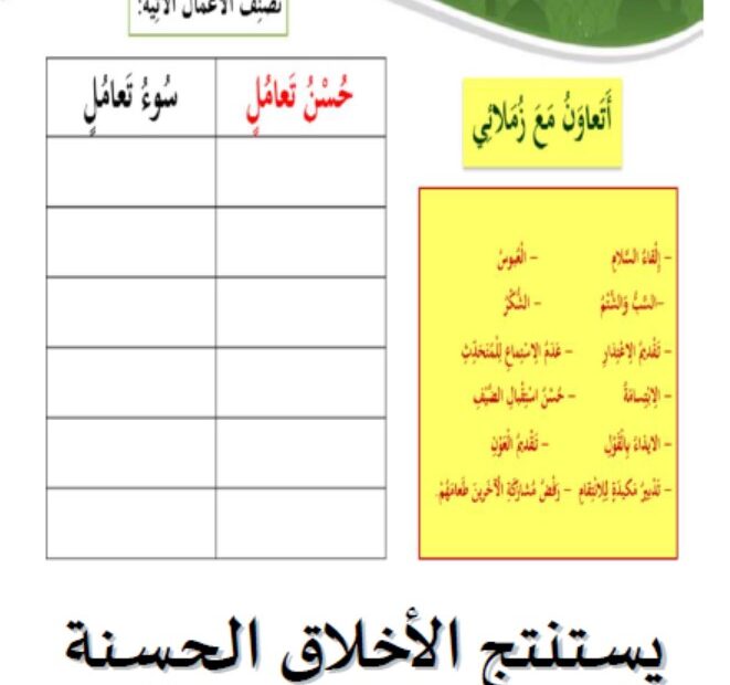 ورقة عمل حسن المعاملة التربية الإسلامية الصف الرابع