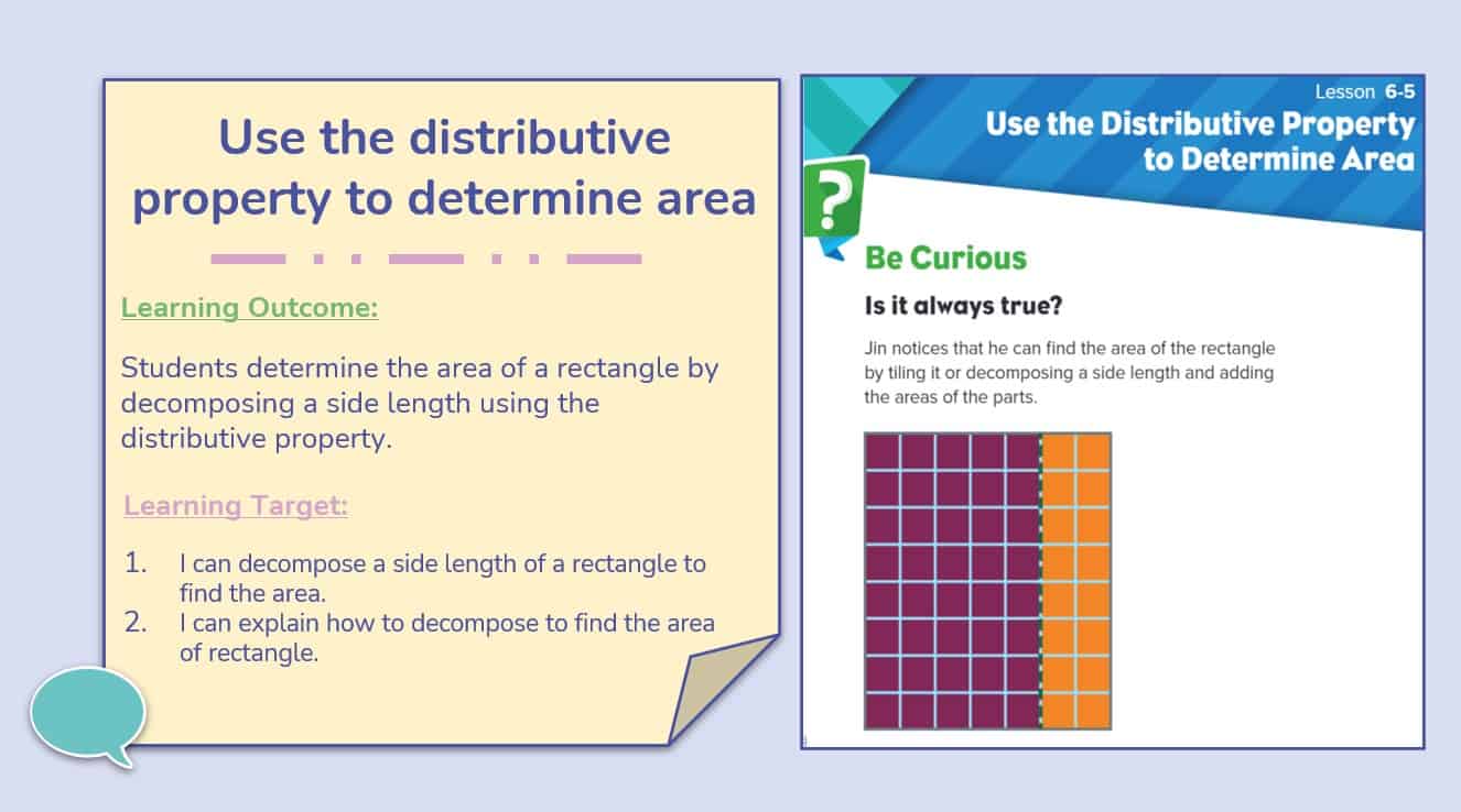 حل درس Use the distributive property to determine area الرياضيات المتكاملة الصف الثالث - بوربوينت