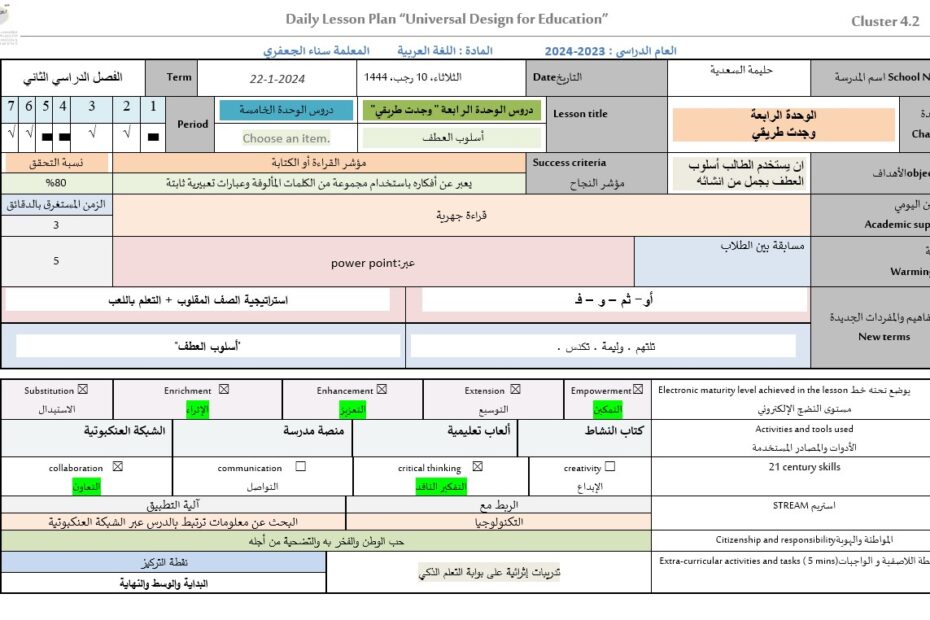 الخطة الدرسية اليومية أسلوب العطف اللغة العربية الصف الثالث