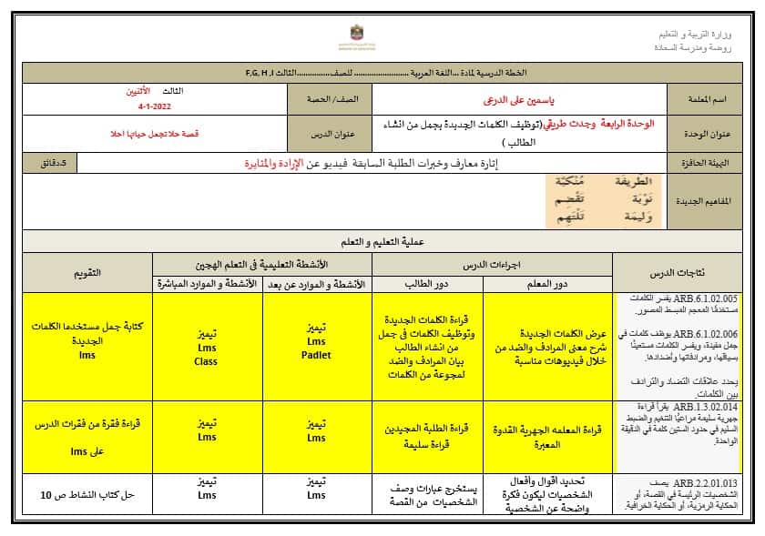الخطة الدرسية اليومية الأسبوع الأول اللغة العربية الصف الثالث 
