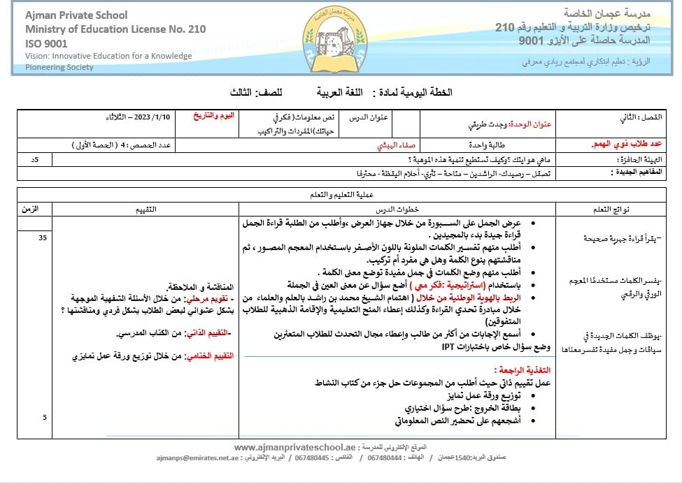 الخطة الدرسية اليومية فكر في حياتك اللغة العربية الصف الثالث