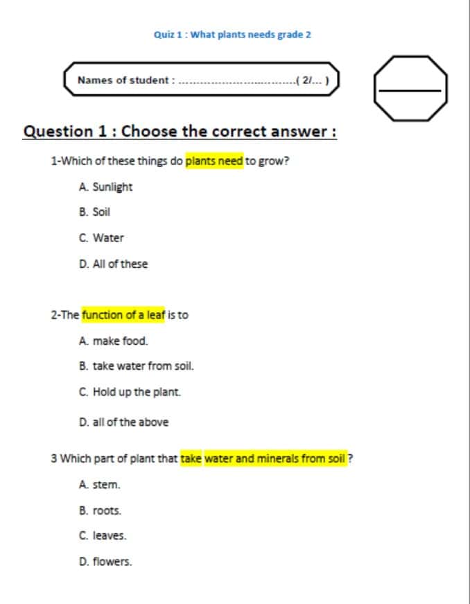 ورقة عمل plants needs العلوم المتكاملة الصف الثاني 
