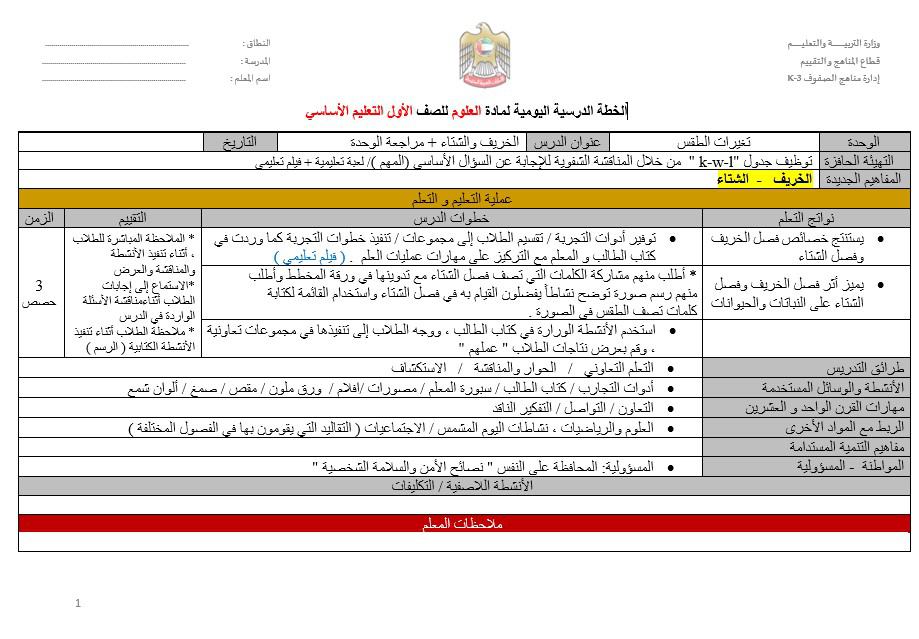 الخطة الدرسية اليومية الخريف والشتاء العلوم المتكاملة الصف الأول 