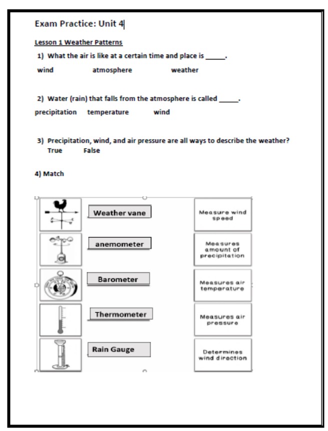 أوراق عمل Exam Practice Unit 4 العلوم المتكاملة الصف الثالث