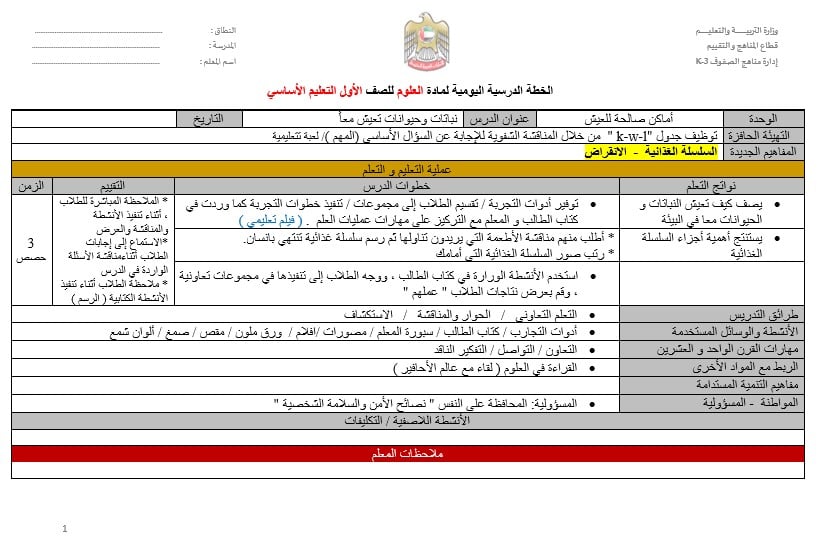 الخطة الدرسية اليومية نباتات وحيوانات تعيش معا العلوم المتكاملة الصف الأول