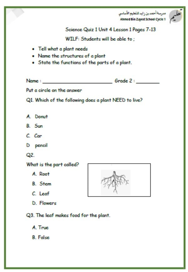 ورقة عمل Plants needs العلوم المتكاملة الصف الثاني
