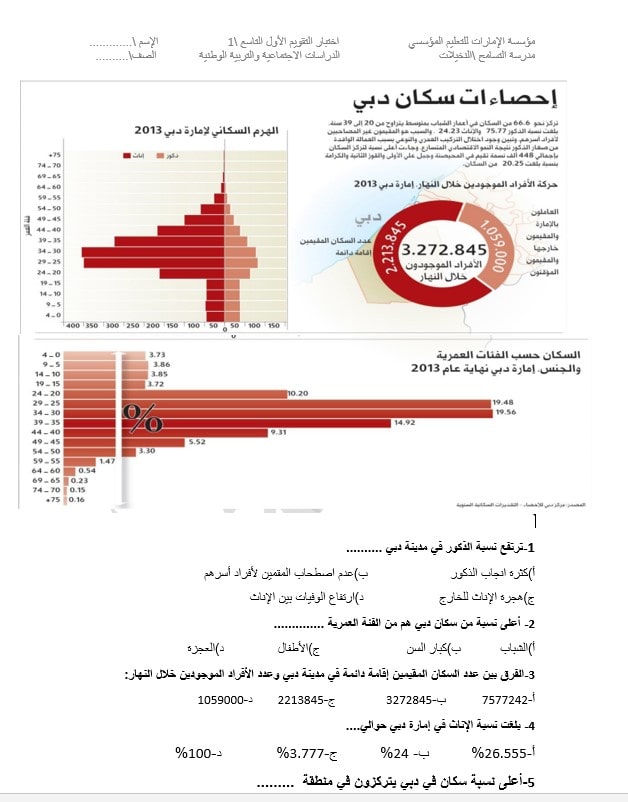 اختبار التقويم الأول الدراسات الإجتماعية والتربية الوطنية الصف التاسع