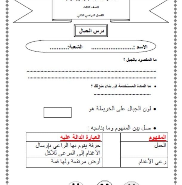 ورقة عمل درس الجبال الدراسات الإجتماعية والتربية الوطنية الصف الثالث