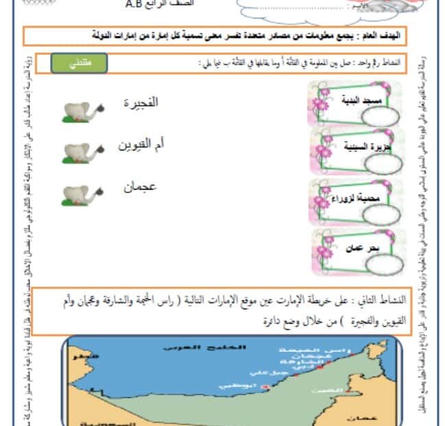 ورقة عمل إمارة ومسمى عجمان والفجيرة وأم القيوين الدراسات الإجتماعية والتربية الوطنية الصف الرابع