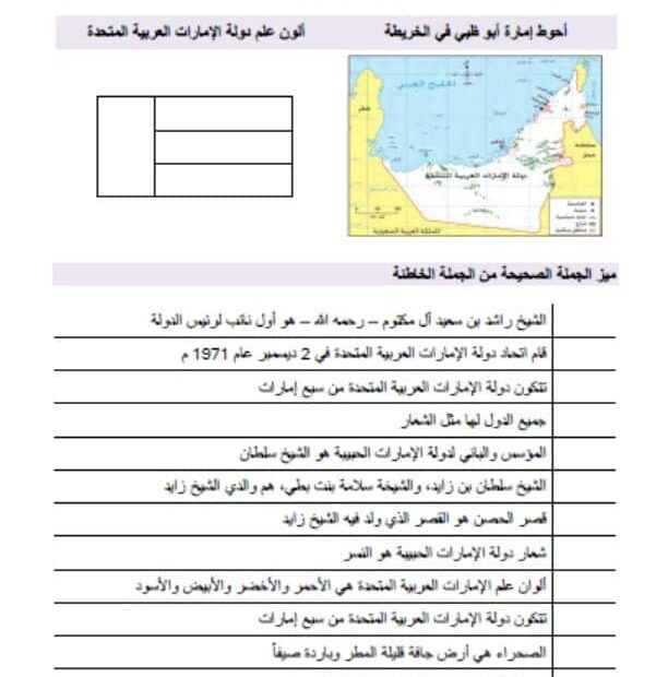 أوراق عمل الوحدة الرابعة زايد التراث الدراسات الإجتماعية والتربية الوطنية الصف الأول