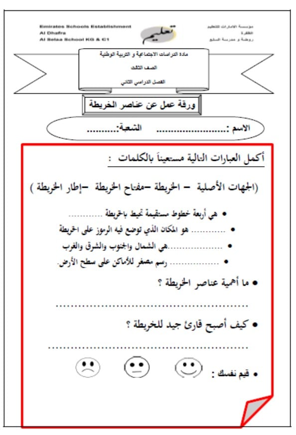 ورقة عمل عناصر الخريطة الدراسات الإجتماعية والتربية الوطنية الصف الثالث