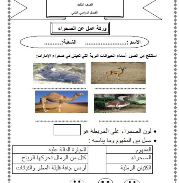 ورقة عمل درس الصحراء الدراسات الإجتماعية والتربية الوطنية الصف الثالث