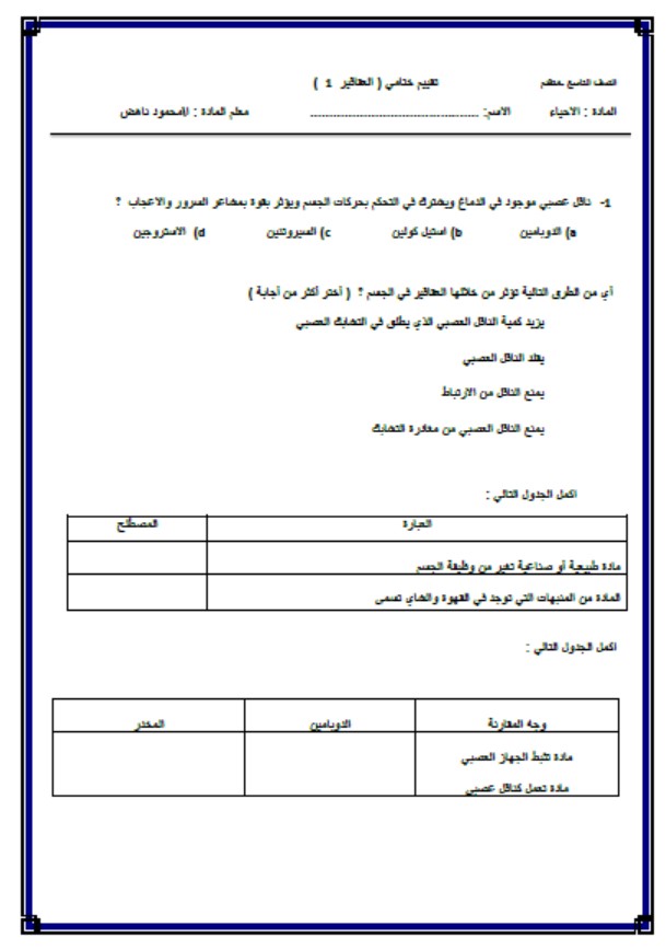 ورقة عمل تقييم ختامي العقاقير 1 الأحياء الصف التاسع متقدم