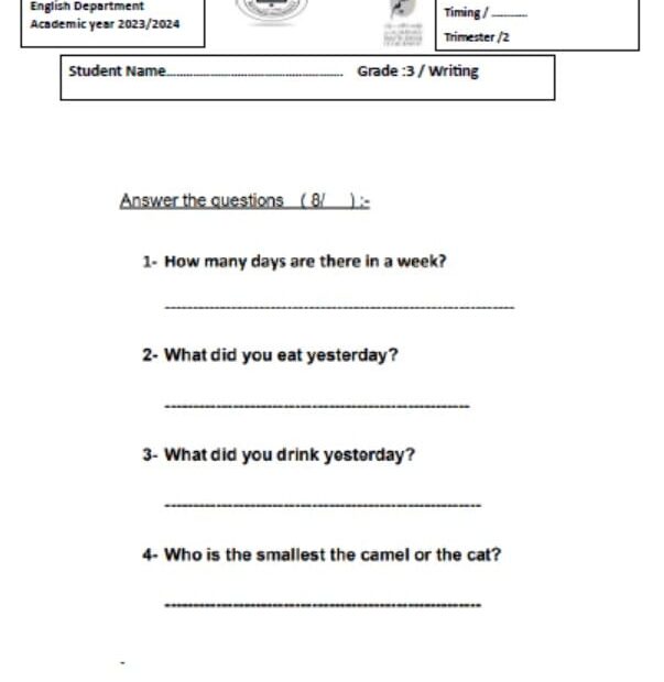 ورقة عمل Writing اللغة الإنجليزية الصف الثالث