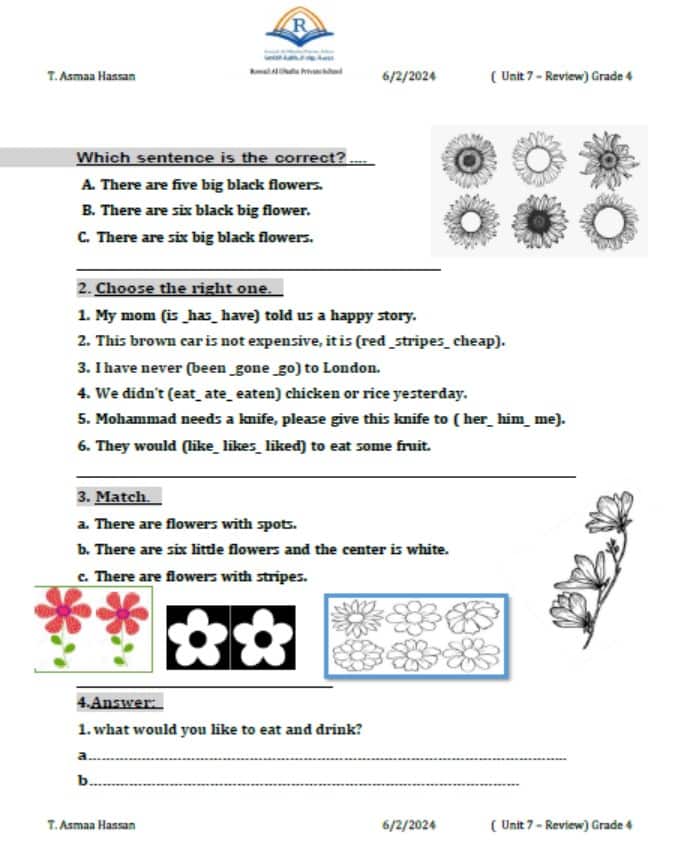 ورقة عمل Unit 7 Review اللغة الإنجليزية الصف الرابع