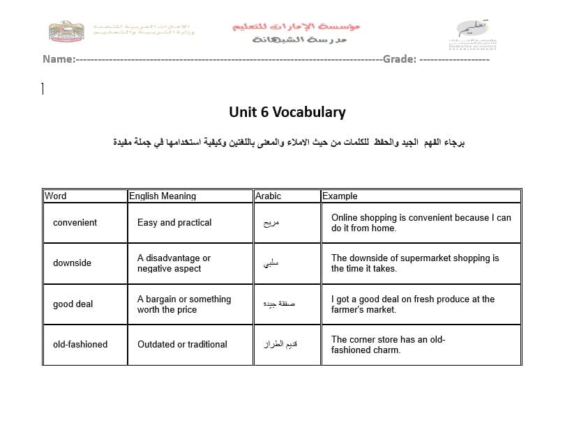 Unit 6 Vocabulary اللغة الإنجليزية الصف التاسع
