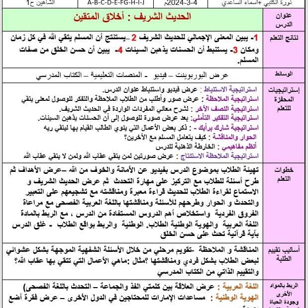 الخطة الدرسية اليومية أخلاق المتقين التربية الإسلامية الصف الرابع - بوربوينت