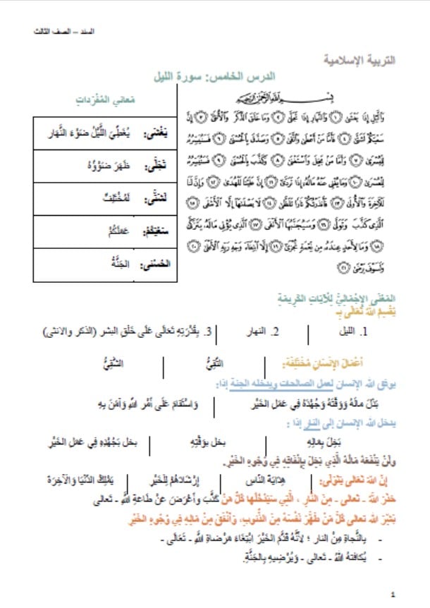 أوراق عمل درس سورة الليل التربية الإسلامية الصف الثالث