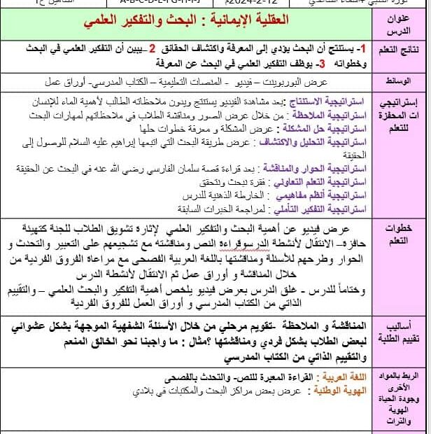 الخطة الدرسية اليومية البحث والتفكير العلمي التربية الإسلامية الصف الرابع - بوربوينت