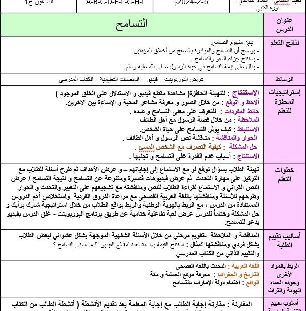 الخطة الدرسية اليومية التسامح التربية الإسلامية الصف الثالث - بوربوينت