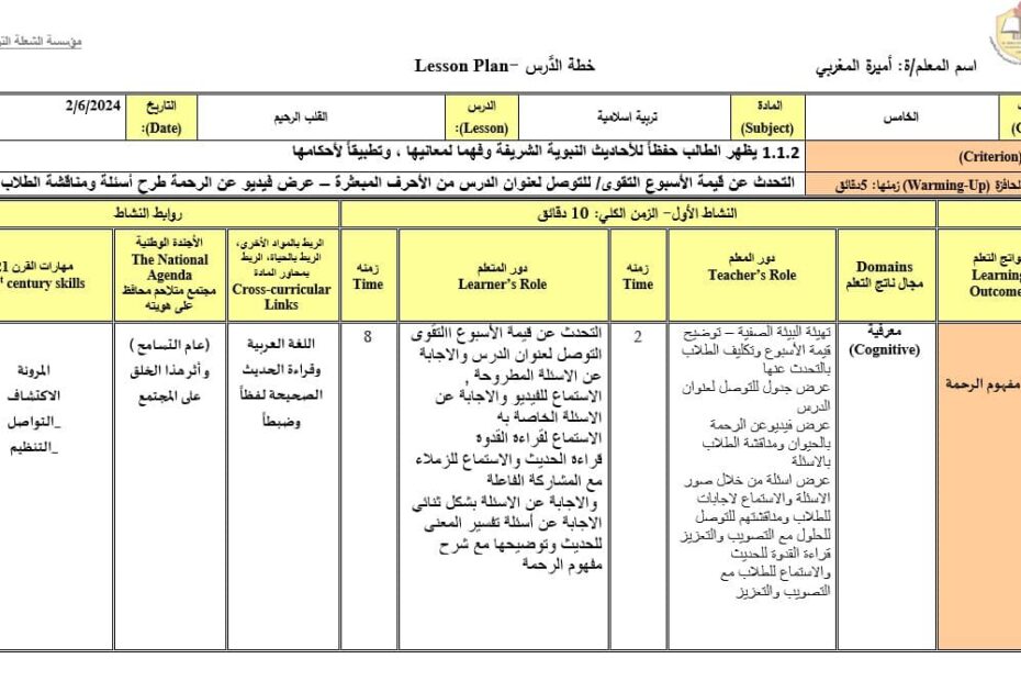 الخطة الدرسية اليومية القلب الرحيم التربية الإسلامية الصف الخامس