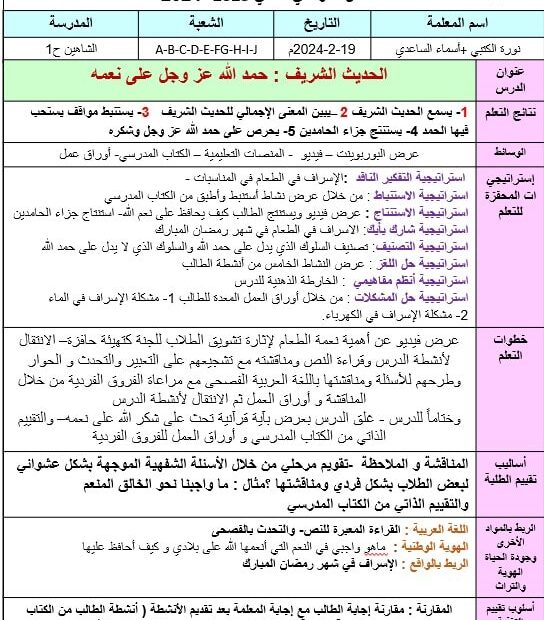 الخطة الدرسية اليومية حمدلله على نعمه التربية الإسلامية الصف الرابع - بوربوينت