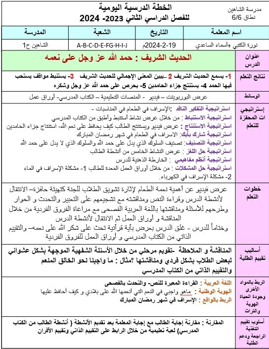 الخطة الدرسية اليومية حمدلله على نعمه التربية الإسلامية الصف الرابع - بوربوينت