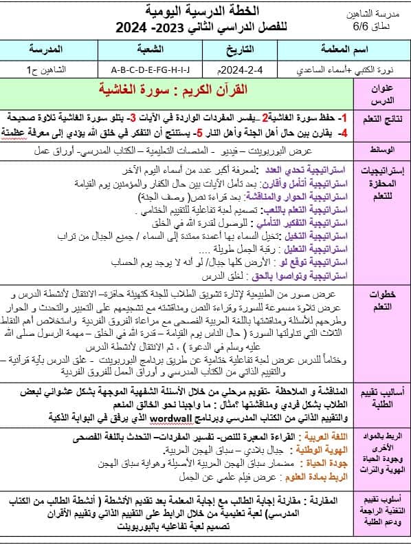 الخطة الدرسية اليومية سورة الغاشية التربية الإسلامية الصف الرابع - بوربوينت 