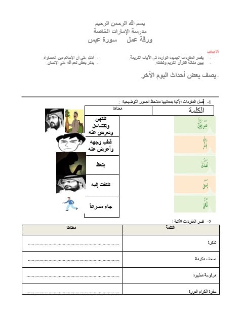 ورقة عمل سورة عبس التربية الإسلامية الصف الخامس