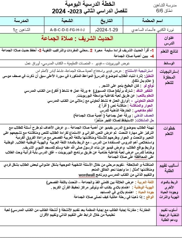 الخطة الدرسية اليومية صلاة الجماعة التربية الإسلامية الصف الرابع - بوربوينت 