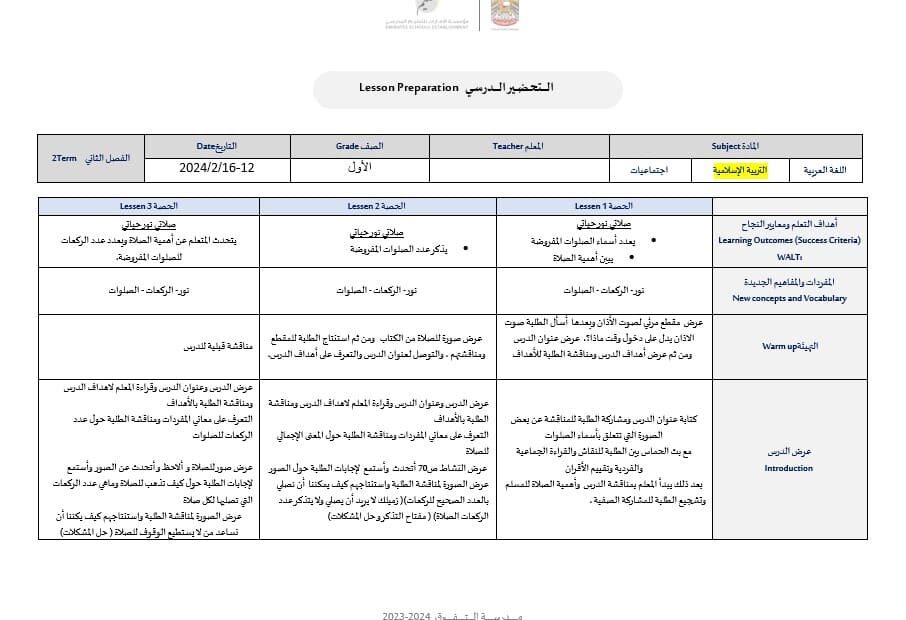 الخطة الدرسية اليومية صلاتي نور حياتي التربية الإسلامية الصف الأول