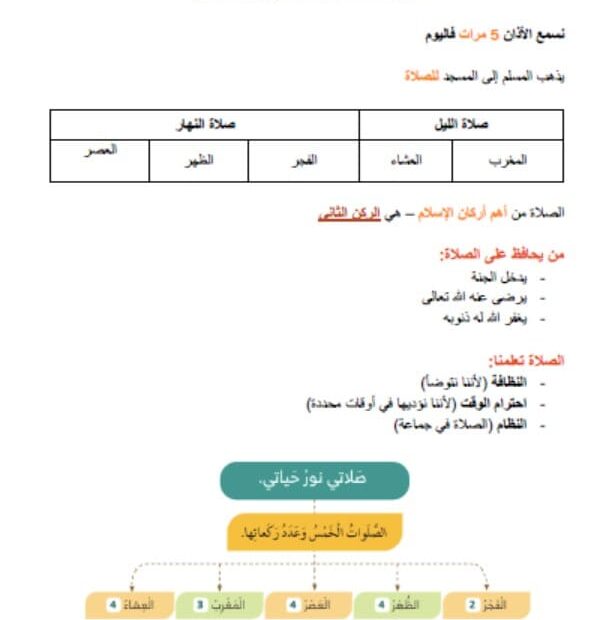 أوراق عمل صلاتي نور حياتي التربية الإسلامية الصف الأول