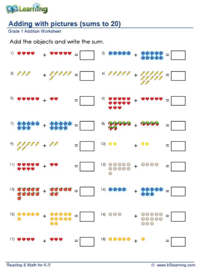 حل ورقة عمل sums to 20 الرياضيات المتكاملة الصف الأول