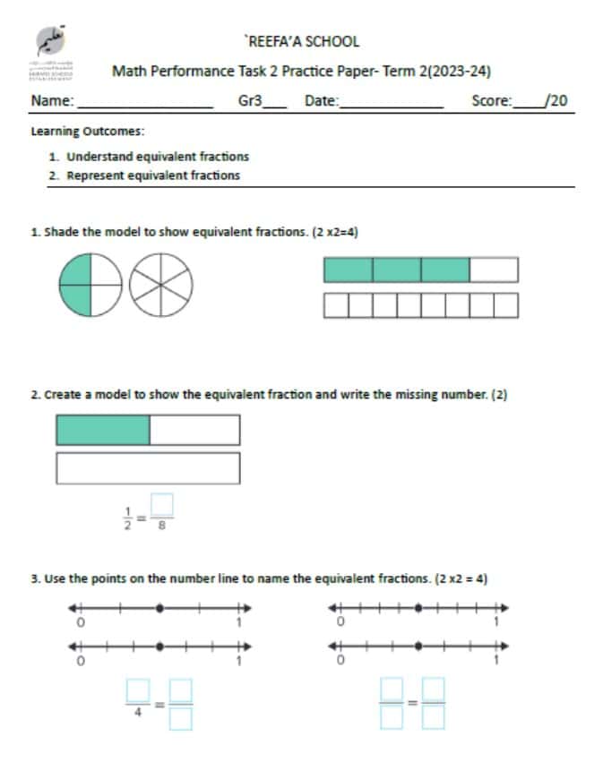 ورقة عمل Task 2 Practice Paper الرياضيات المتكاملة الصف الثالث