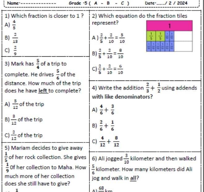 ورقة عمل Unit 9 Revision الرياضيات المتكاملة الصف الخامس