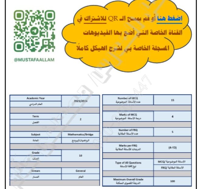 أسئلة هيكل امتحان الرياضيات المتكاملة الصف العاشر عام