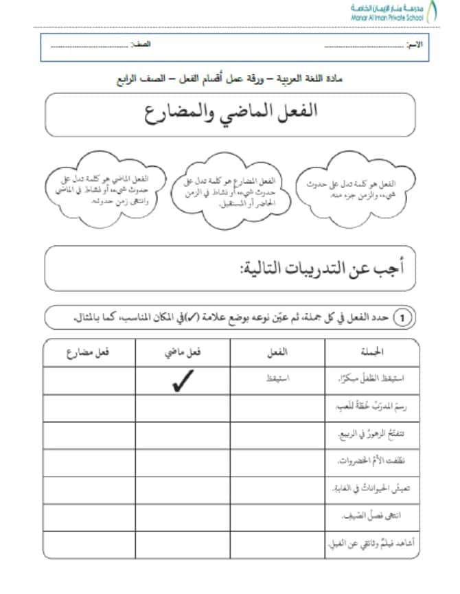 ورقة عمل أقسام الفعل اللغة العربية الصف الرابع 