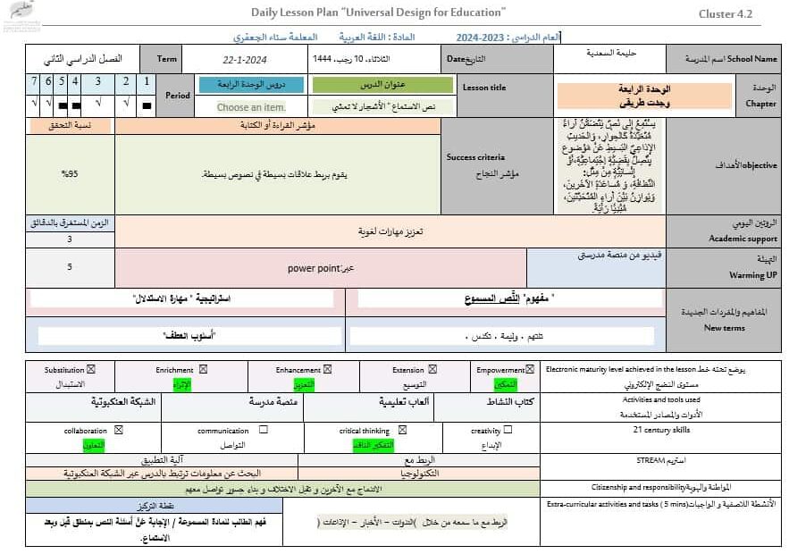 الخطة الدرسية اليومية الأشجار لا تمشي اللغة العربية الصف الثالث