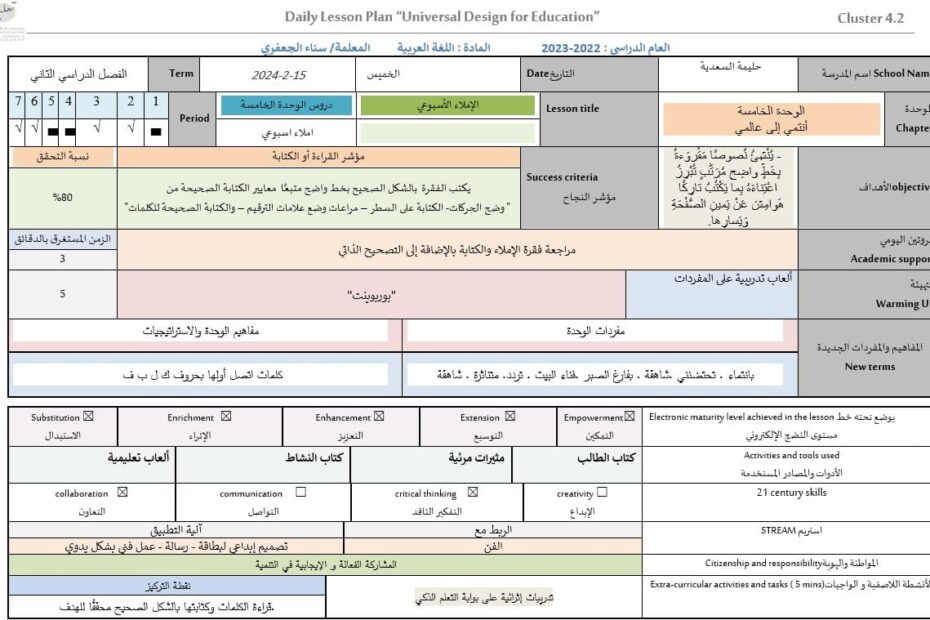 الخطة الدرسية اليومية الإملاء الأسبوعي اللغة العربية الصف الثالث